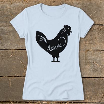 Light blue t-shirt with a black rooster silhouette containing the word "love".
