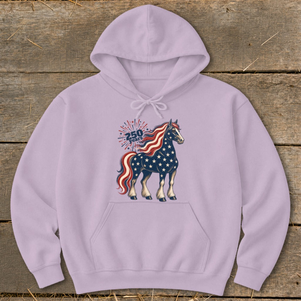 Purple hoodie with a patriotic horse graphic and "250 years" text.