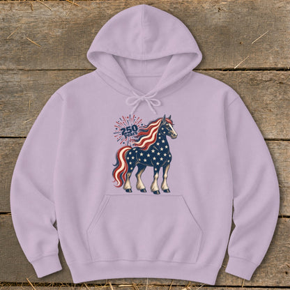 Purple hoodie with a patriotic horse graphic and "250 years" text.