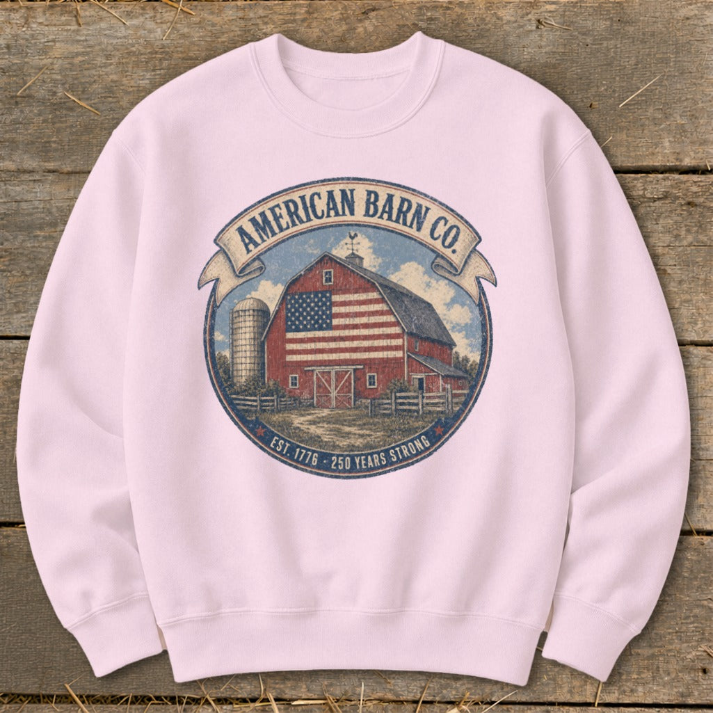 Crewneck sweatshirt with a circular graphic featuring an American flag-adorned barn, silo, and "American Barn Co." text.