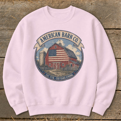 Crewneck sweatshirt with a circular graphic featuring an American flag-adorned barn, silo, and "American Barn Co." text.
