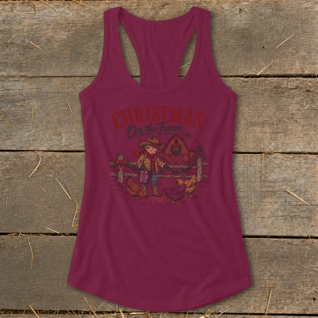 Christmas On the Farm graphic with a child feeding chickens near a barn.