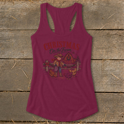 Christmas On the Farm graphic with a child feeding chickens near a barn.