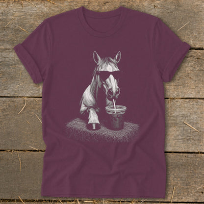 Burgundy t-shirt with a graphic of a horse wearing sunglasses drinking from a cup.