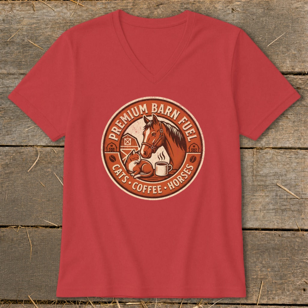 Red t-shirt with a circular graphic featuring a horse, cat, coffee cup, and barn.