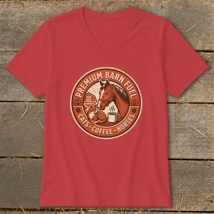 Red t-shirt with a circular graphic featuring a horse, cat, coffee cup, and barn.