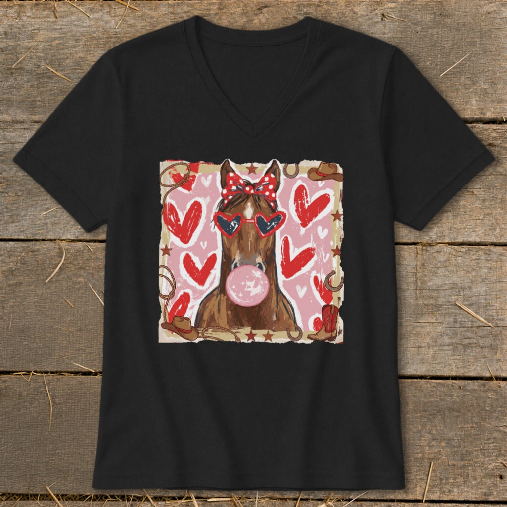 Horse with heart sunglasses and bow blowing bubble gum, surrounded by hearts and western motifs.
