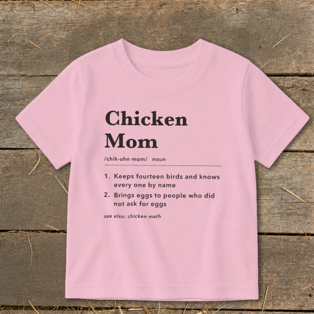 Pink t-shirt with "Chicken Mom" definition printed in black text.