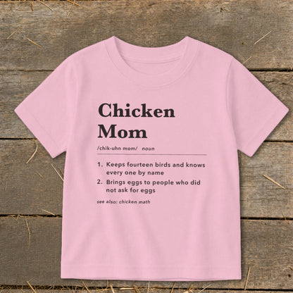 Pink t-shirt with "Chicken Mom" definition printed in black text.