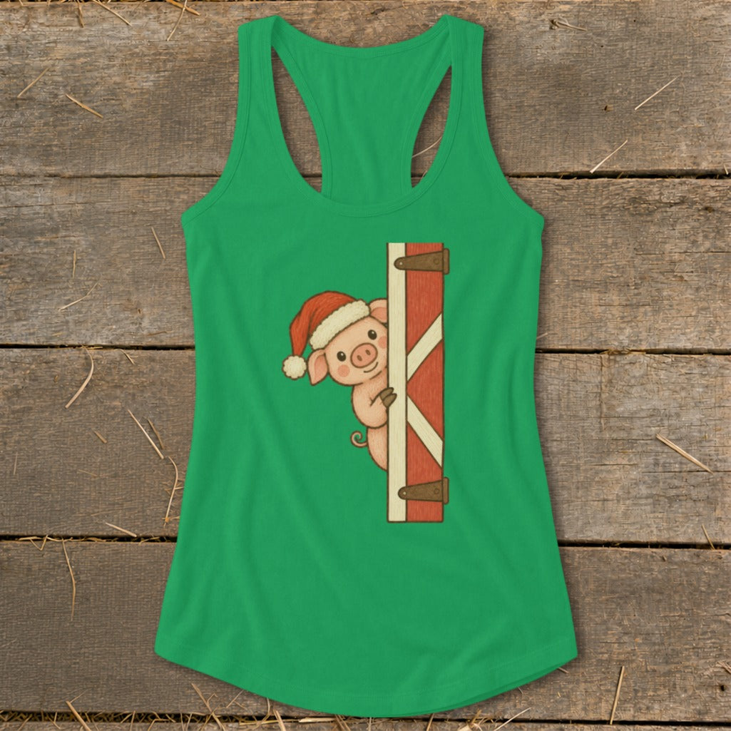 Green tank top with a peeking pig wearing a Santa hat and barn door design.
