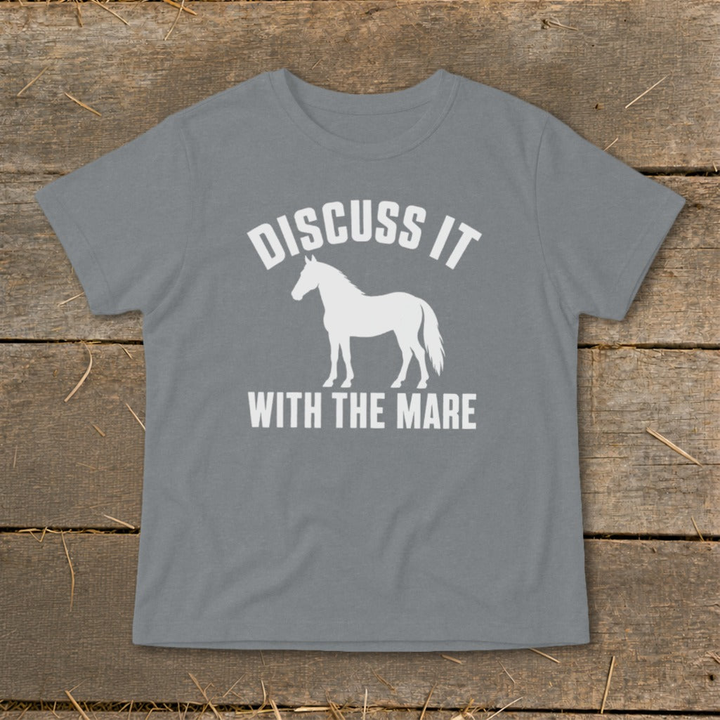 Grey t-shirt with white text "Discuss It With The Mare" and a horse silhouette.