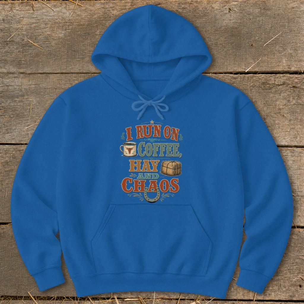 Blue hoodie with "I run on coffee, hay and chaos" text and graphics.