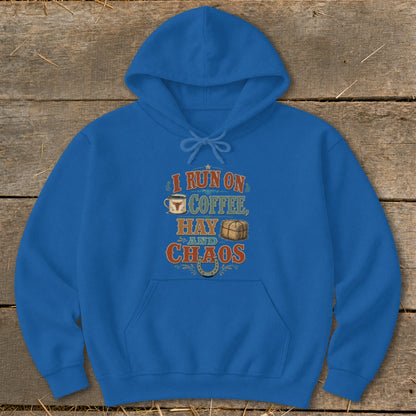 Blue hoodie with "I run on coffee, hay and chaos" text and graphics.