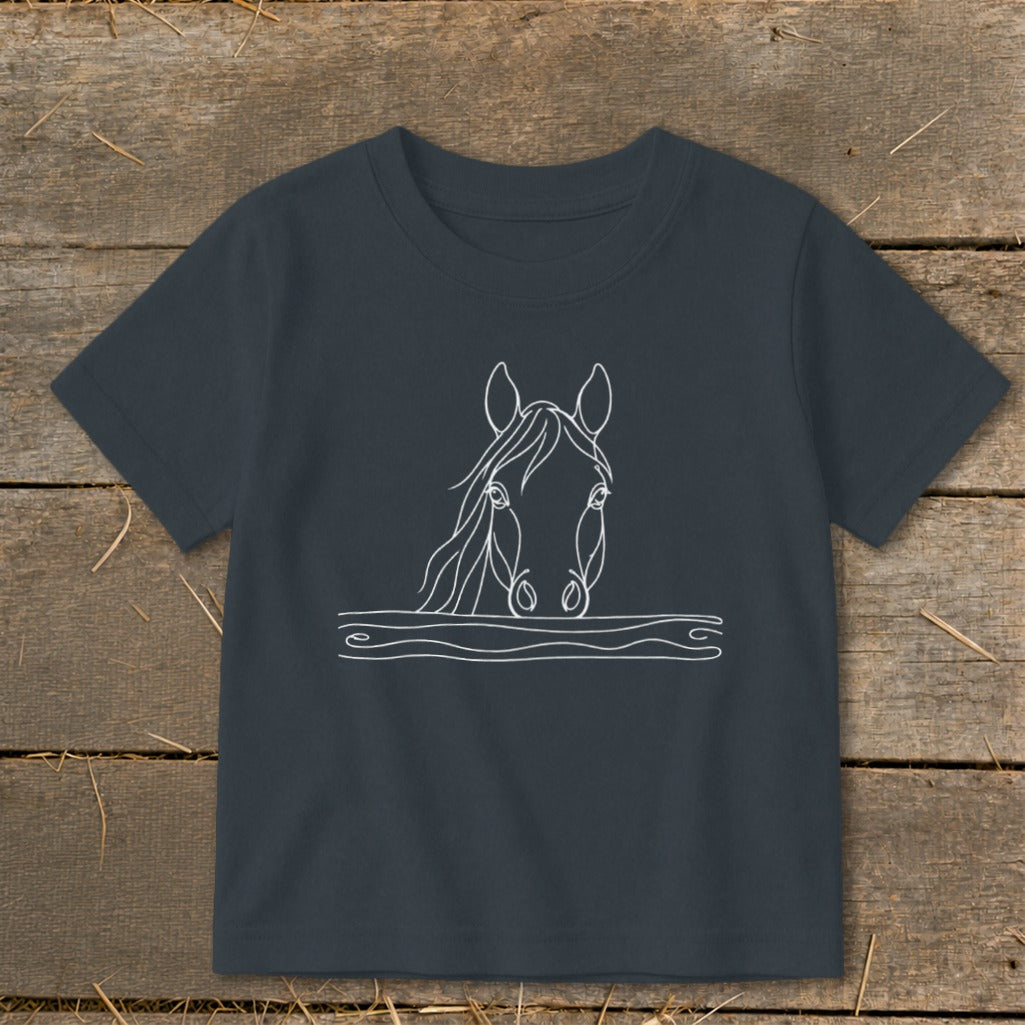 Dark grey t-shirt with a white line drawing of a horse's head over stylized water.