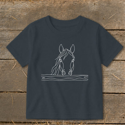 Dark grey t-shirt with a white line drawing of a horse's head over stylized water.