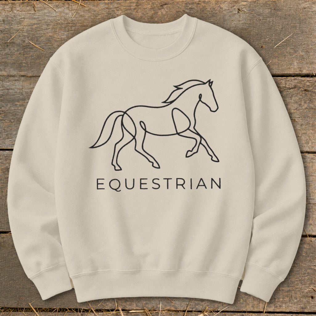 Cream sweatshirt with a black line drawing of a horse and the text "EQUESTRIAN".