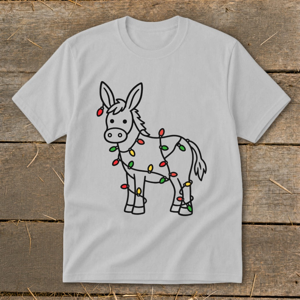 Donkey wearing Christmas lights on light gray t-shirt
