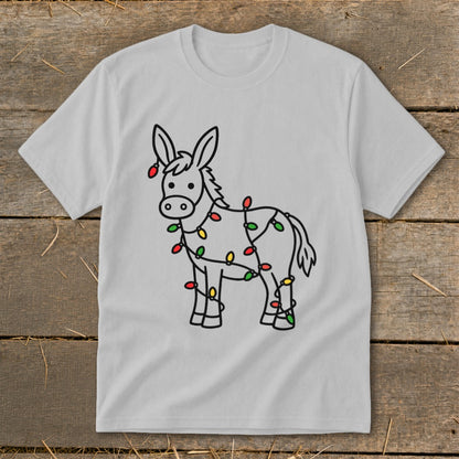 Donkey wearing Christmas lights on light gray t-shirt