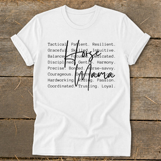 White t-shirt with "Horse Mama" and descriptive words.