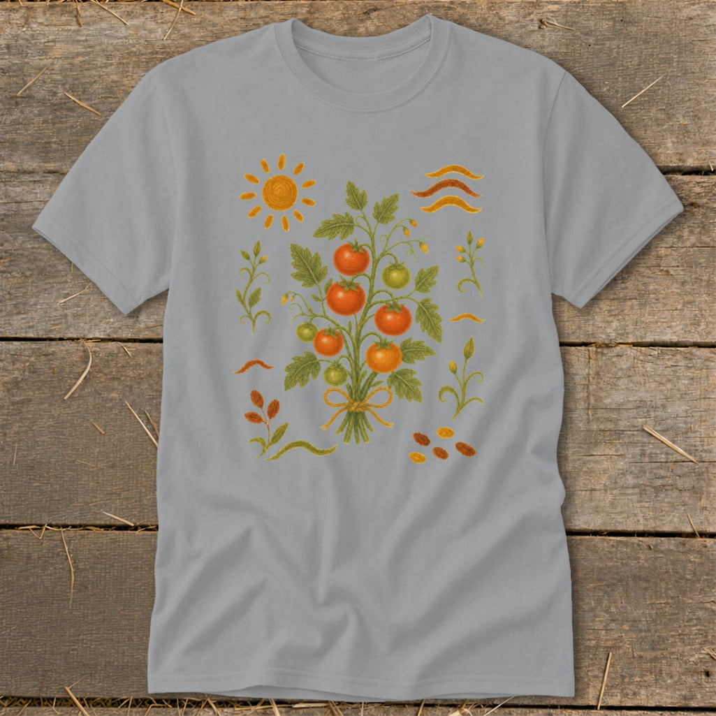 Grey t-shirt with a watercolor illustration of a tomato plant, sun, and wavy lines.