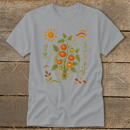 Grey t-shirt with a watercolor illustration of a tomato plant, sun, and wavy lines.