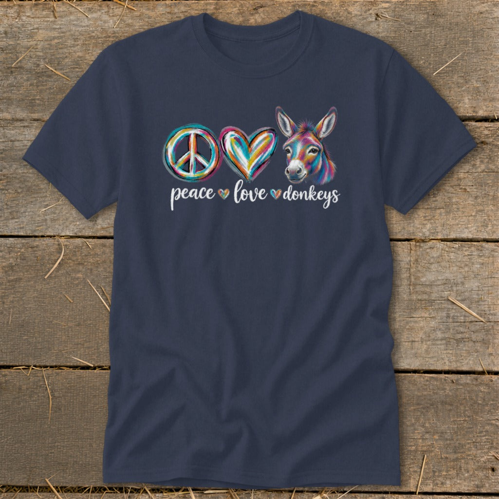 Navy t-shirt with peace sign, heart, and donkey graphic and "peace love donkeys" text.