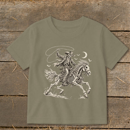 Skeleton cowboy riding a horse with a lasso under the moon