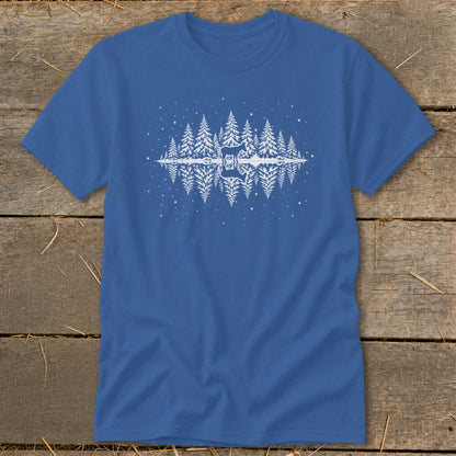 Blue t-shirt with white graphic of a guitar in a snowy forest reflected in water.