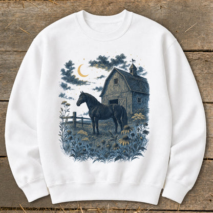 Black horse stands in field with barn and moon at night.