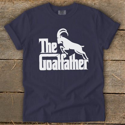 Navy t-shirt with white text and goat graphic reading "The Goatfather."