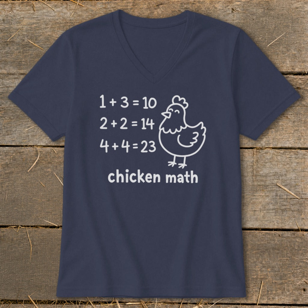 Navy t-shirt with "chicken math" and cartoon chicken next to incorrect math equations.