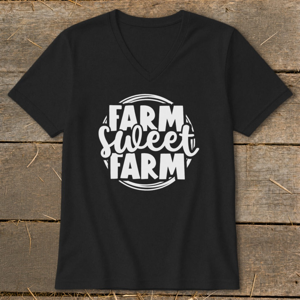 Black v-neck t-shirt with "Farm Sweet Farm" text design in white circle.