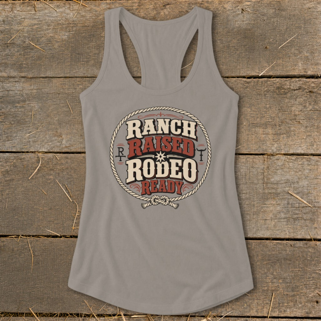 Grey tank top with "Ranch Raised Rodeo Ready" text in a circular rope design.