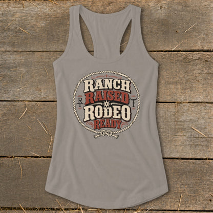 Grey tank top with "Ranch Raised Rodeo Ready" text in a circular rope design.