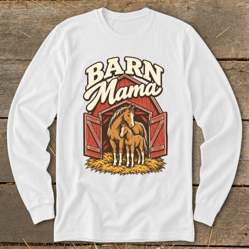 Barn Mama text with horse and foal in barn doorway and hay.