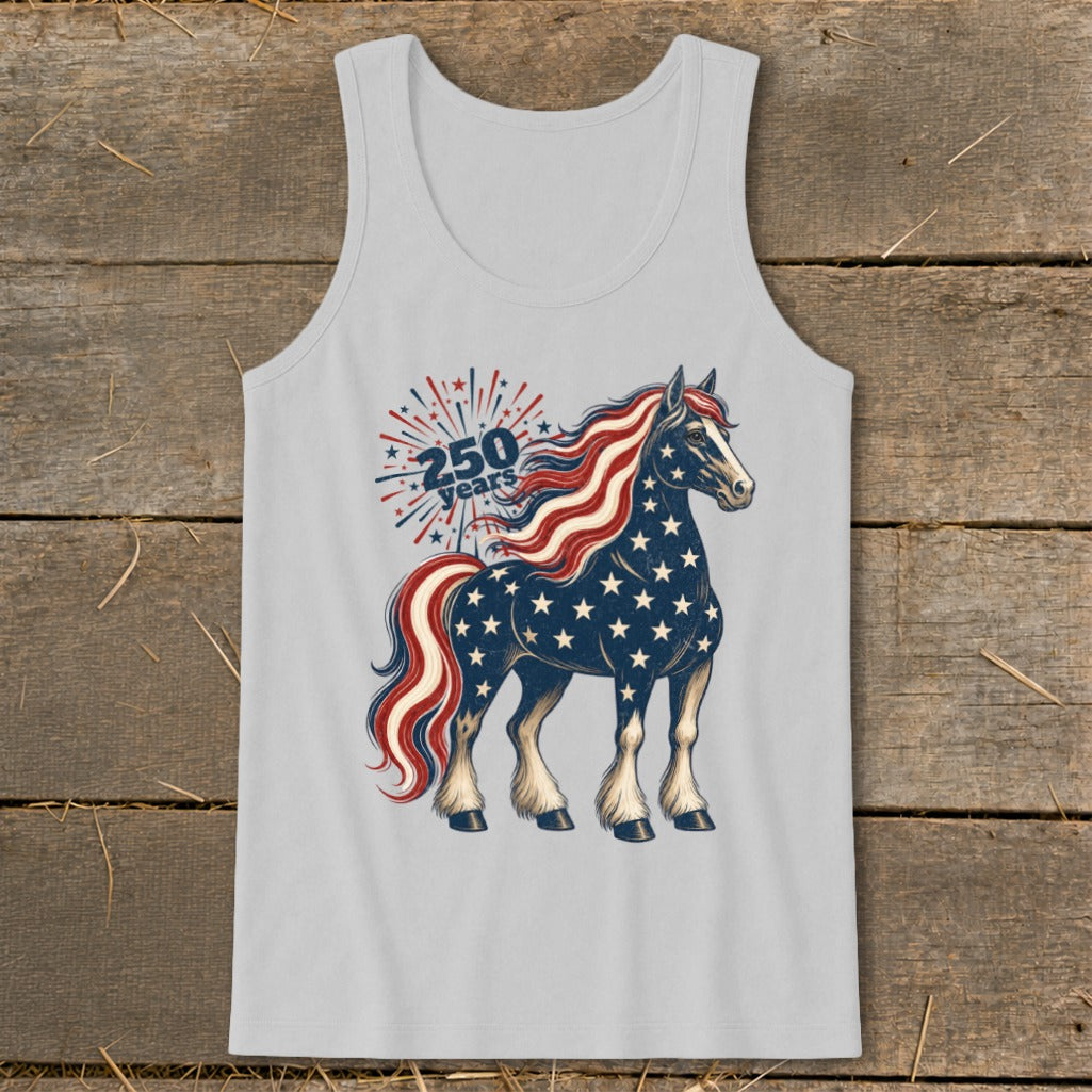 Tank top with patriotic horse design and text "250 years".