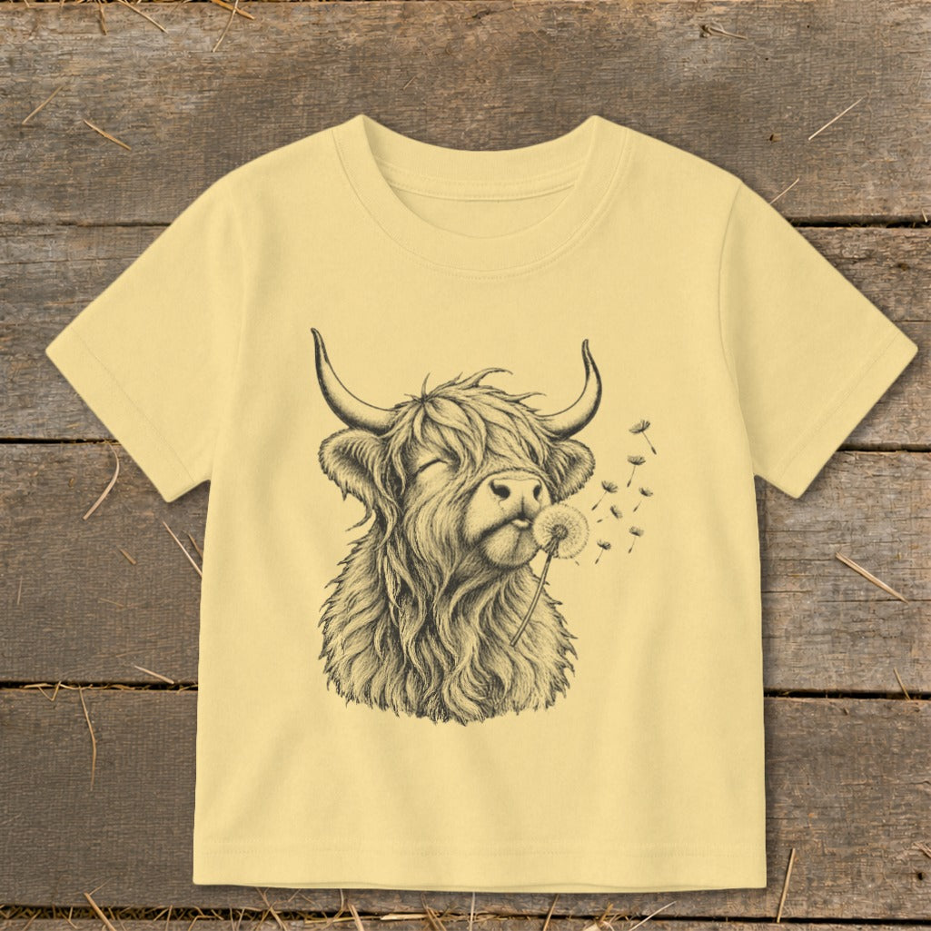 T-shirt with sketch of Highland cow blowing a dandelion.