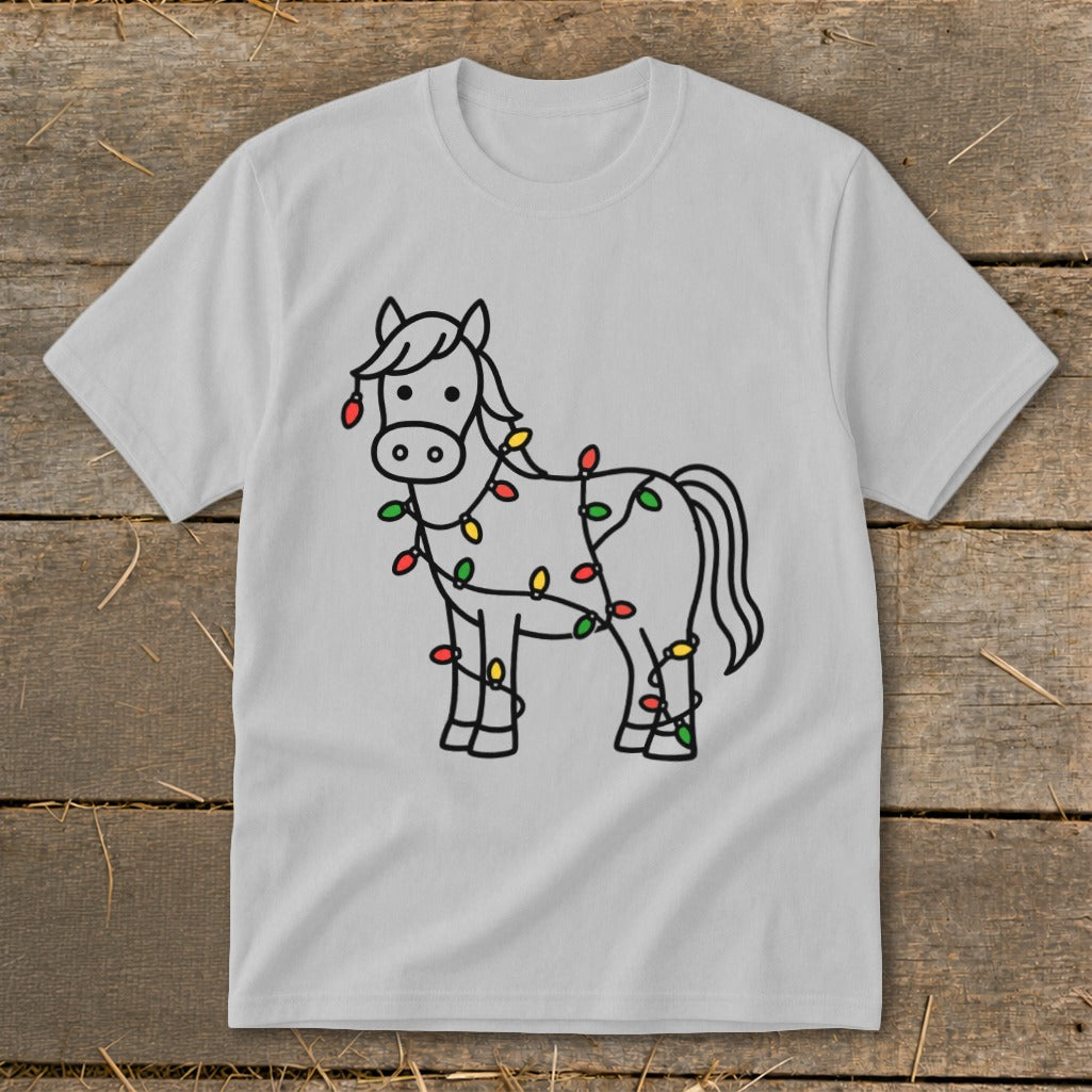 Line art of a horse wrapped in colorful Christmas lights on a gray t-shirt.