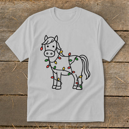 Line art of a horse wrapped in colorful Christmas lights on a gray t-shirt.