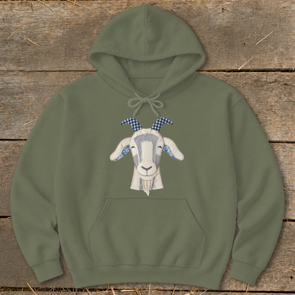 Olive green hoodie with a stitched goat head graphic.