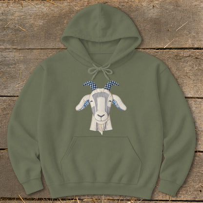 Olive green hoodie with a stitched goat head graphic.