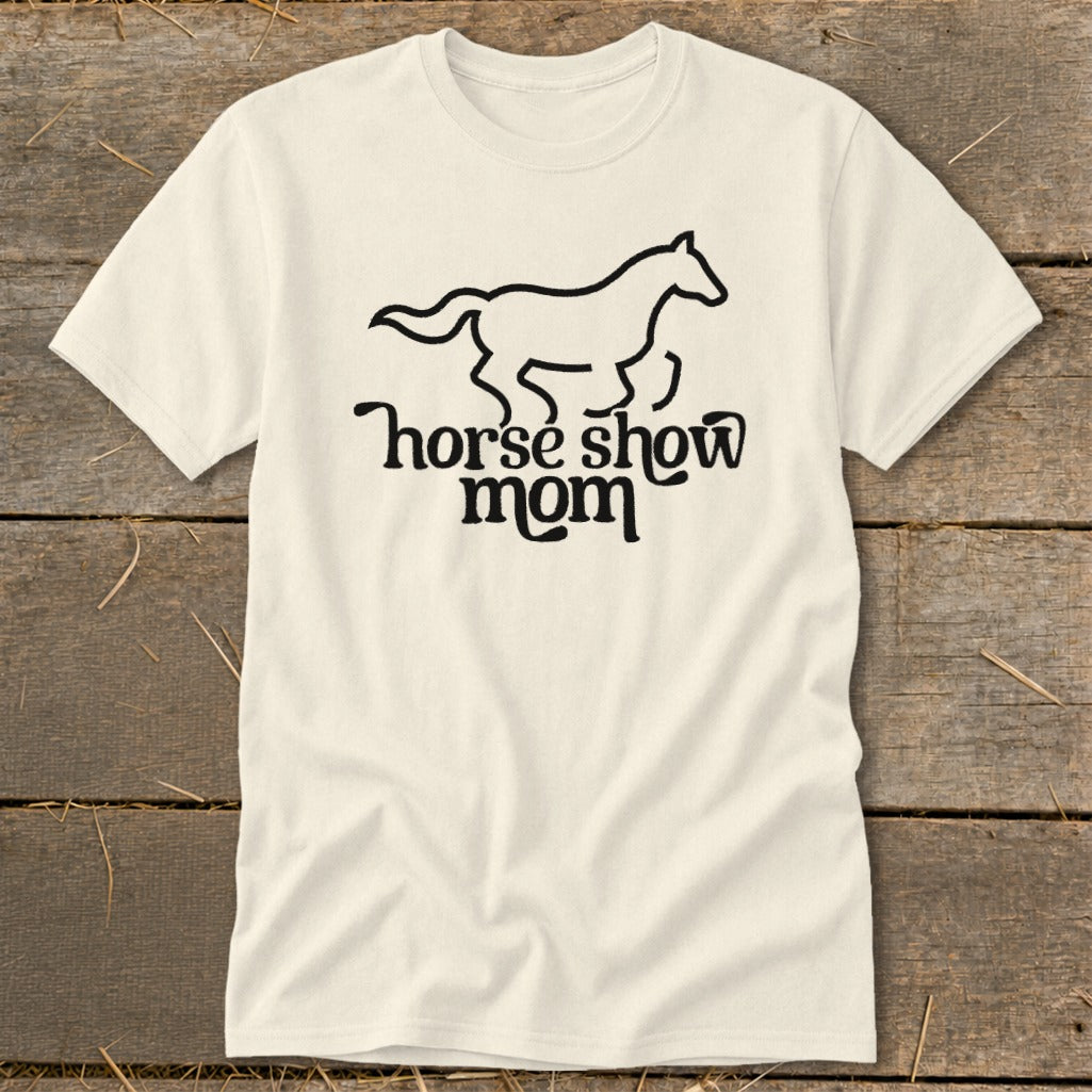 Cream t-shirt with black horse graphic and text "horse show mom".