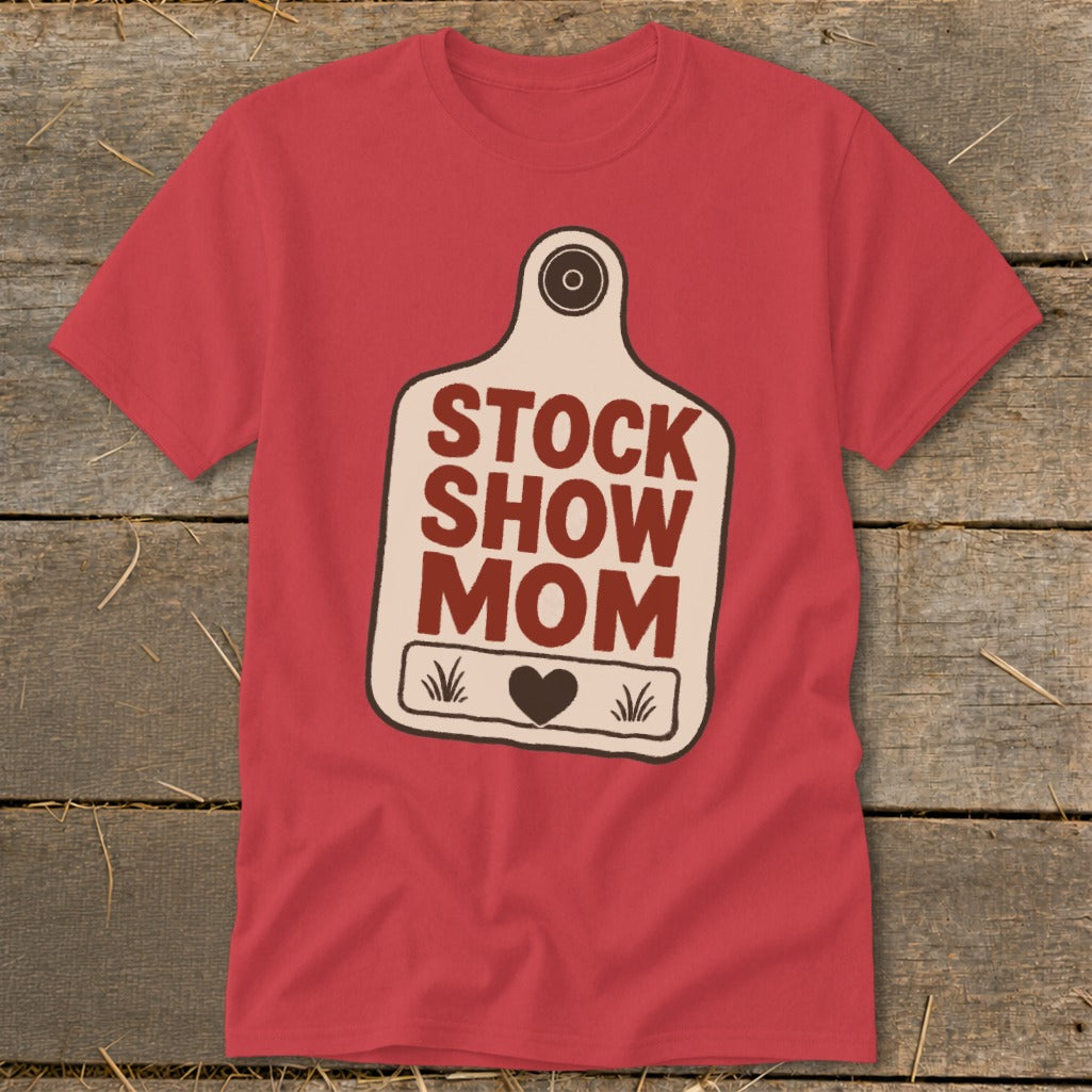 Red t-shirt with a tag graphic that reads "Stock Show Mom"