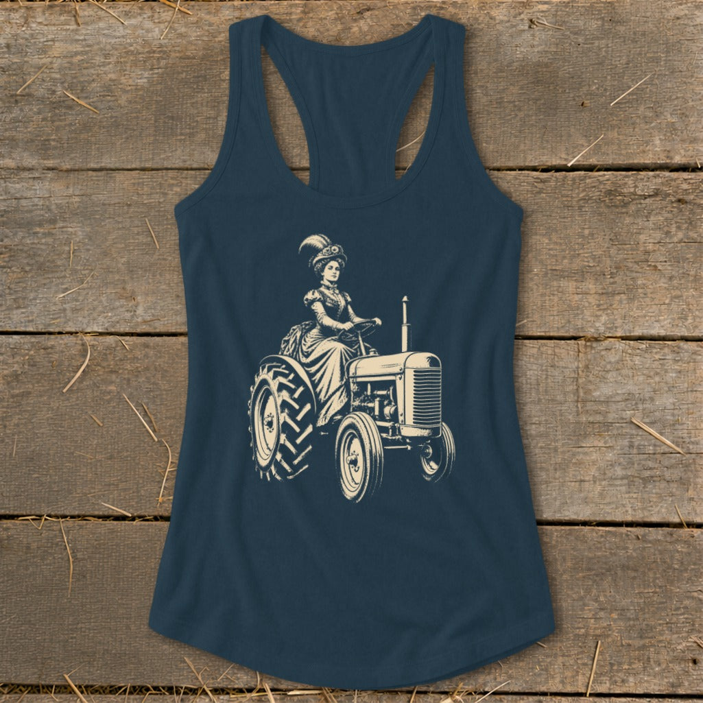 Illustration of a woman in Victorian attire driving a tractor.