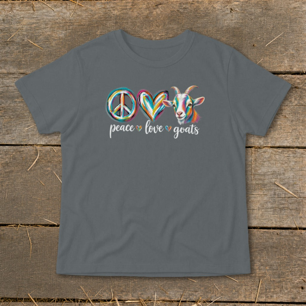Peace Love Goats graphic with colorful goat on grey t-shirt.