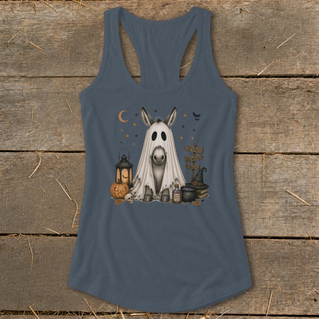 Donkey dressed as a ghost with Halloween decor and "Spooky Beware Boo!" sign.
