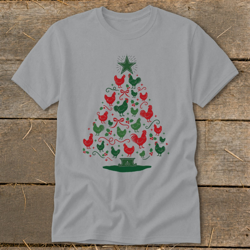 Grey t-shirt with a Christmas tree design made of red and green chickens and holly.