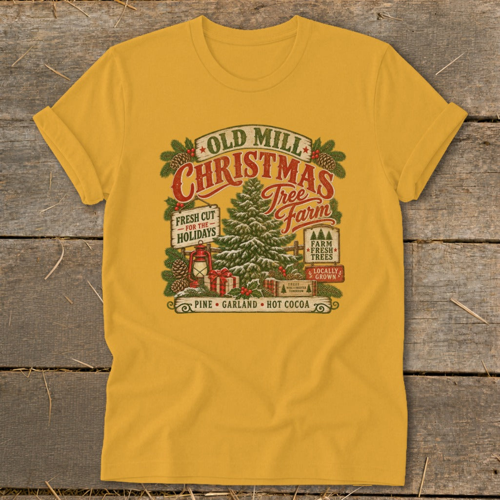 Old Mill Christmas Tree Farm graphic with pine, garland, and hot cocoa.