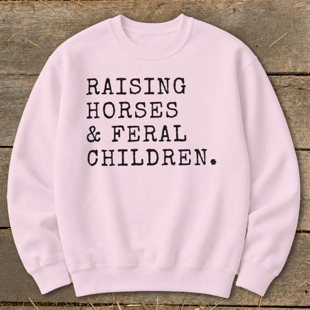 Pink sweatshirt with "Raising Horses & Feral Children" text.