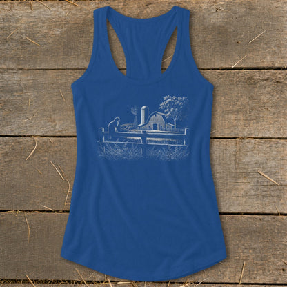 Blue tank top with a white sketch of a farm scene, including a cat on a fence.
